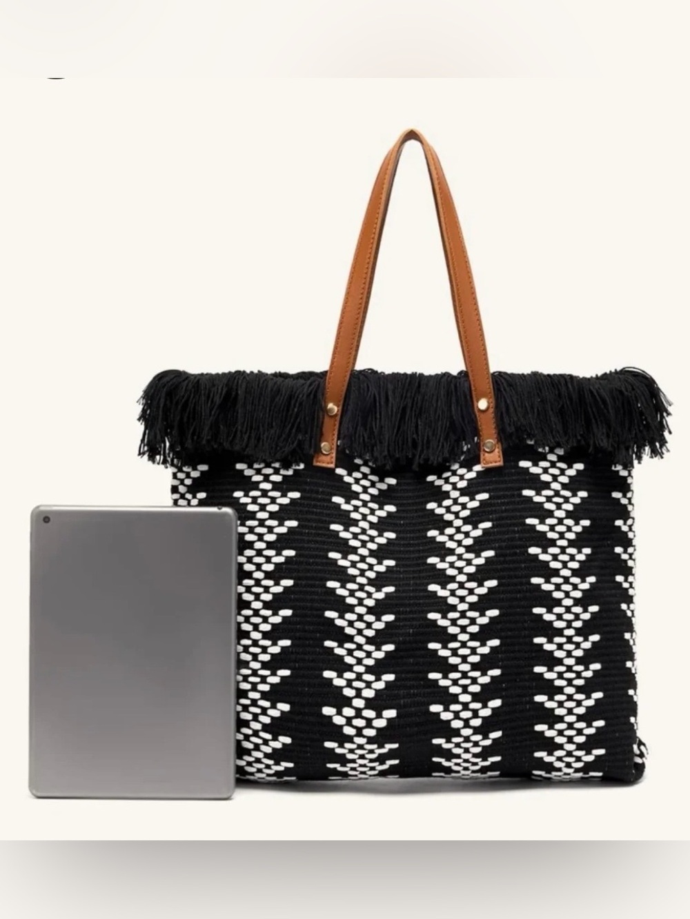 AZTEC PRINT BEACH BAG Black & White Woven Fringe Tote with Tan Handles